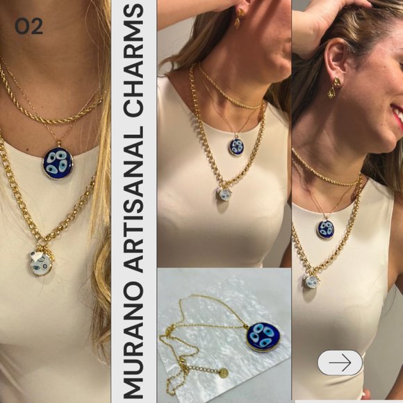 MURANO CRYSTAL ARTESANAL EVIL EYE CHARMS NECKLACE - Picture 2 of 3